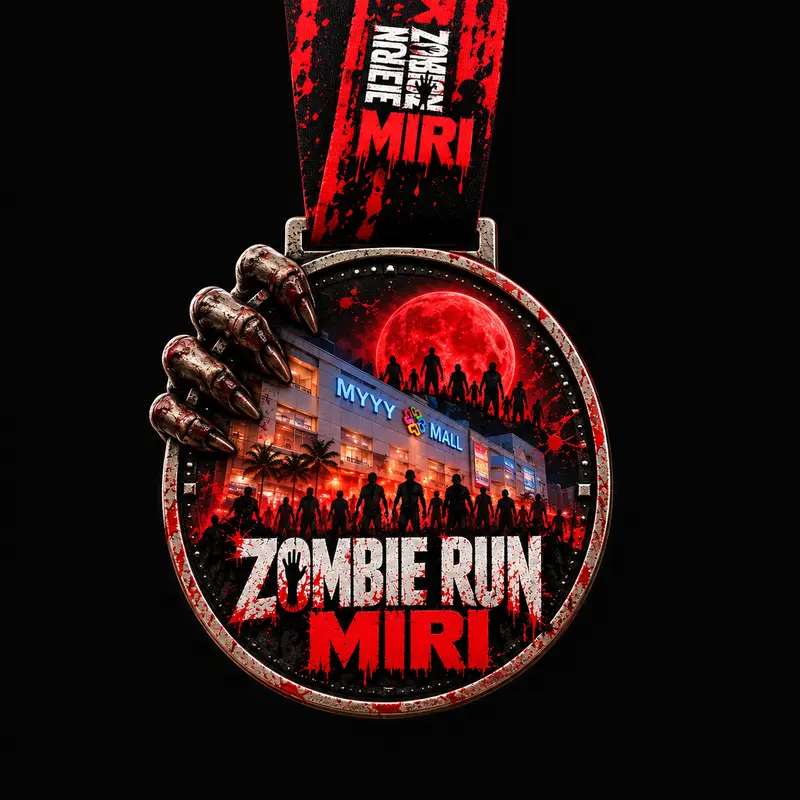 Zombie Run Miri finisher medal with red moon and skeleton hand