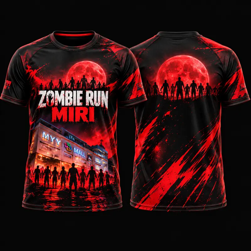 Front and back of the black and red Zombie Run Miri tee